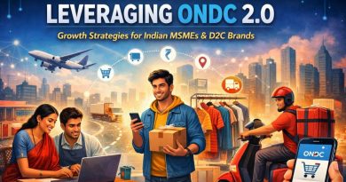 Illustration showing Indian MSMEs and D2C brands connected through the ONDC 2.0 digital commerce network, with logistics, payments, and consumer apps spread across India.