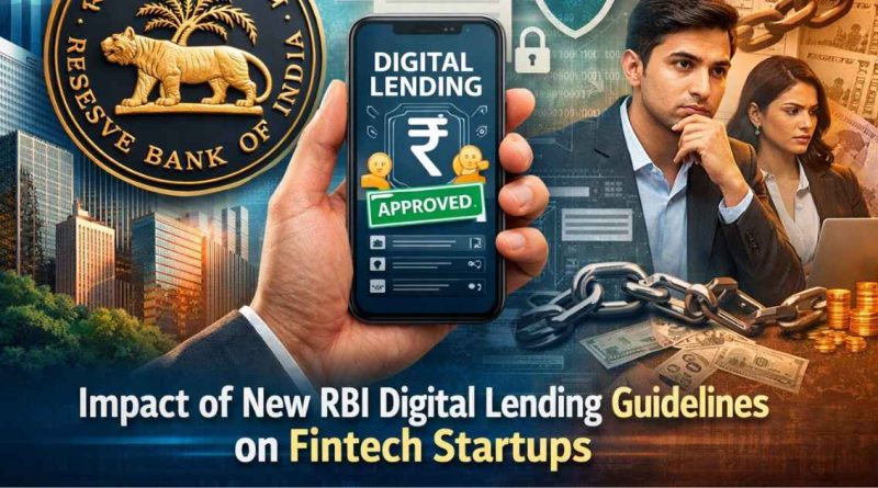 Illustration showing the Reserve Bank of India emblem, a smartphone displaying a digital lending app, regulatory documents, and fintech founders reviewing loan terms, symbolizing the impact of new RBI digital lending rules on startups.