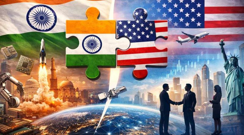 Infographic showing global cross-border mergers and acquisitions connecting Indian deeptech startups with international technology companies across AI, semiconductors, space and robotics sectors.