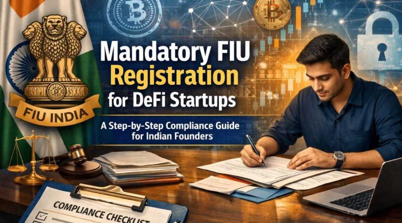 A DeFi startup founder reviewing compliance documents at a desk, with FIU India insignia, Indian national emblem, blockchain symbols, and digital security graphics in the background.