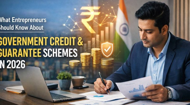 Indian entrepreneur reviewing financial documents on a laptop with digital icons representing government-backed credit and guarantee schemes in 2026.