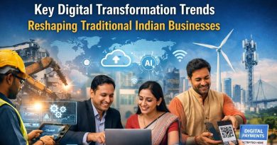 Illustration showing traditional Indian businesses such as factories, retail shops, and offices integrating digital technologies like cloud computing, data analytics, and mobile payments.