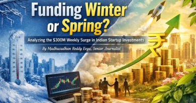 Illustration of the Indian startup ecosystem showing investors, startups, and funding trends, highlighting a $300M weekly investment surge with upward-trending graphs and digital tech icons.