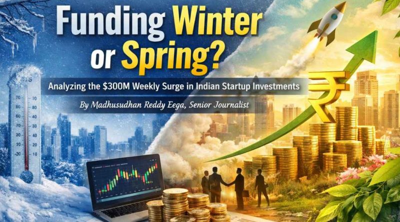 Illustration of the Indian startup ecosystem showing investors, startups, and funding trends, highlighting a $300M weekly investment surge with upward-trending graphs and digital tech icons.