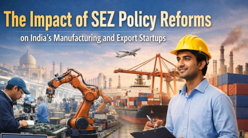 Illustration showing manufacturing factories inside an Indian Special Economic Zone with cargo containers, ships, aircraft and startup professionals, symbolising export growth and industrial reform.