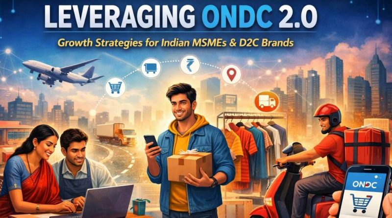 Illustration showing Indian MSMEs and D2C brands connected through the ONDC 2.0 digital commerce network, with logistics, payments, and consumer apps spread across India.
