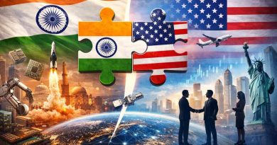 Infographic showing global cross-border mergers and acquisitions connecting Indian deeptech startups with international technology companies across AI, semiconductors, space and robotics sectors.