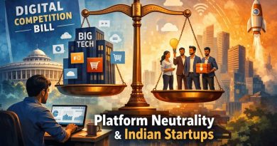 Illustration showing Indian startups competing on digital platforms under the proposed Digital Competition Bill framework.