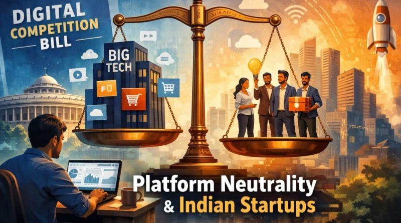 Illustration showing Indian startups competing on digital platforms under the proposed Digital Competition Bill framework.